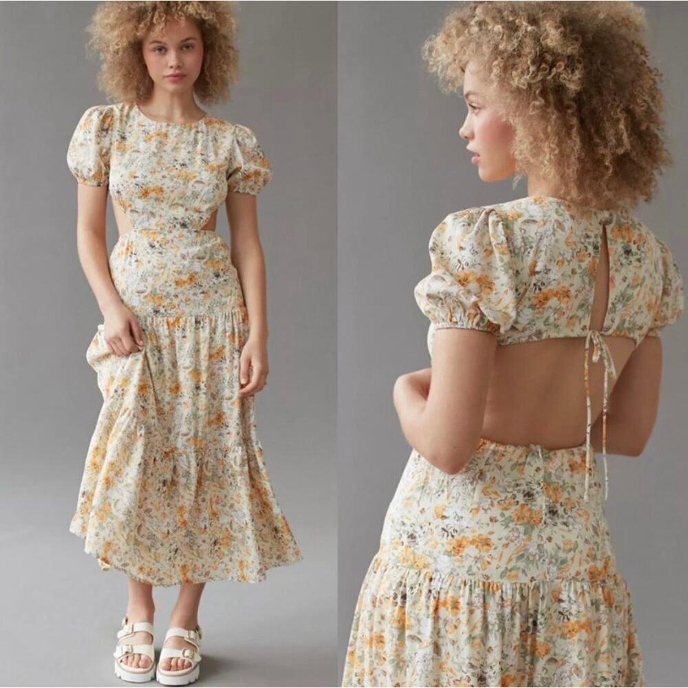 Kiss The Sky Tiered Maxi Dress Puff Sleeve Open Back Cutout Ditsy Floral Size M